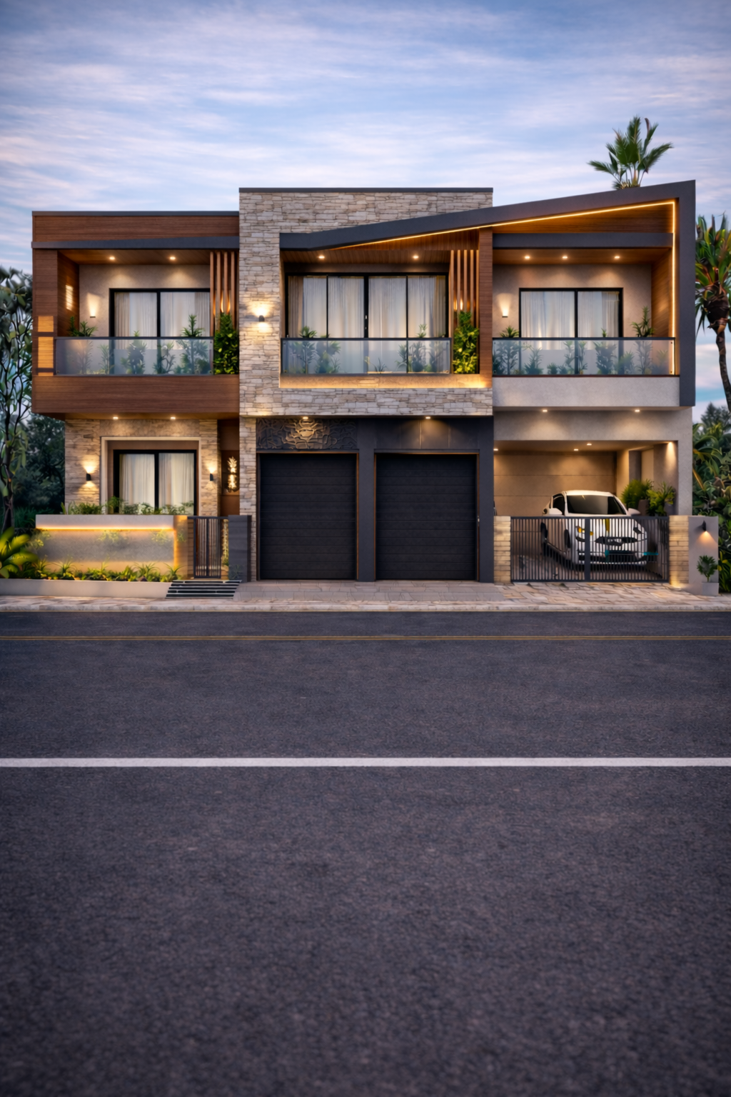 Ajay Thakur Residence in Samastipur, architectural visualization with stone cladding and glass balconies