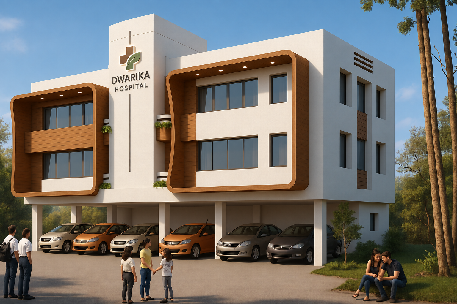 Dwarika Nursing Home architectural visualization with white exterior, timber accents and ground-floor parking