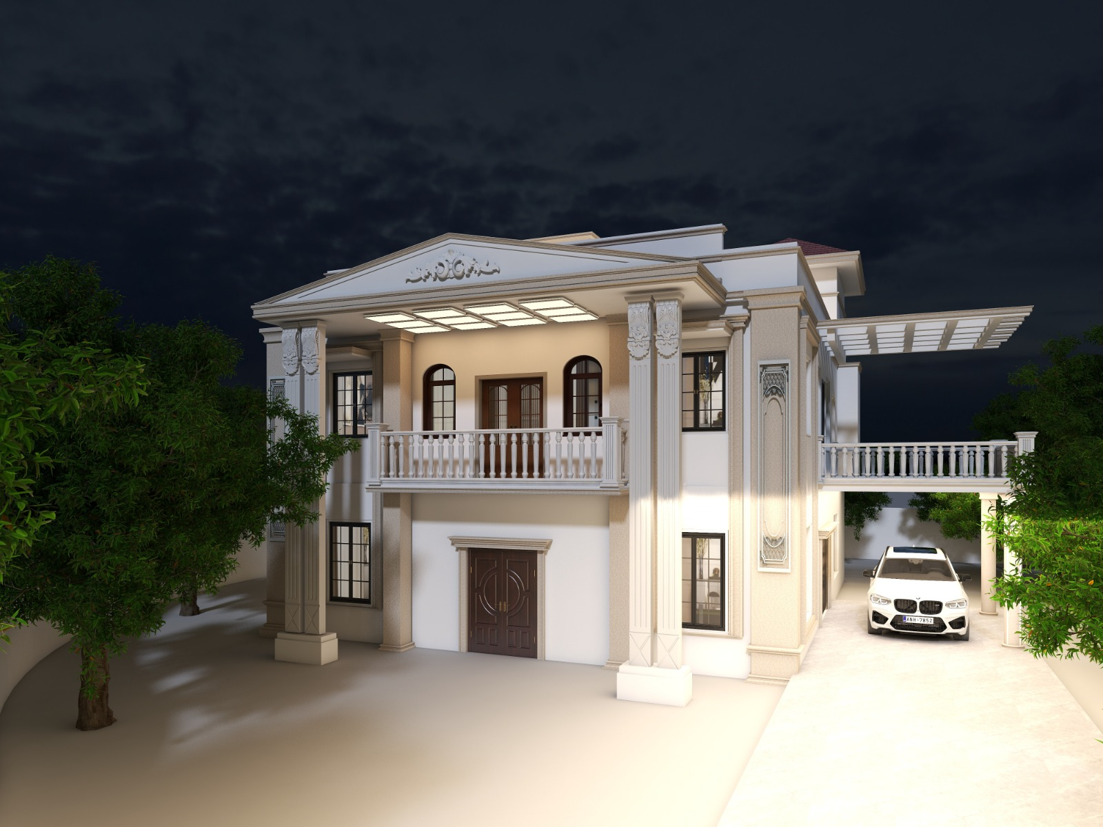 Nawada Farmhouse architectural visualization with classical columns, balconies and illuminated exterior
