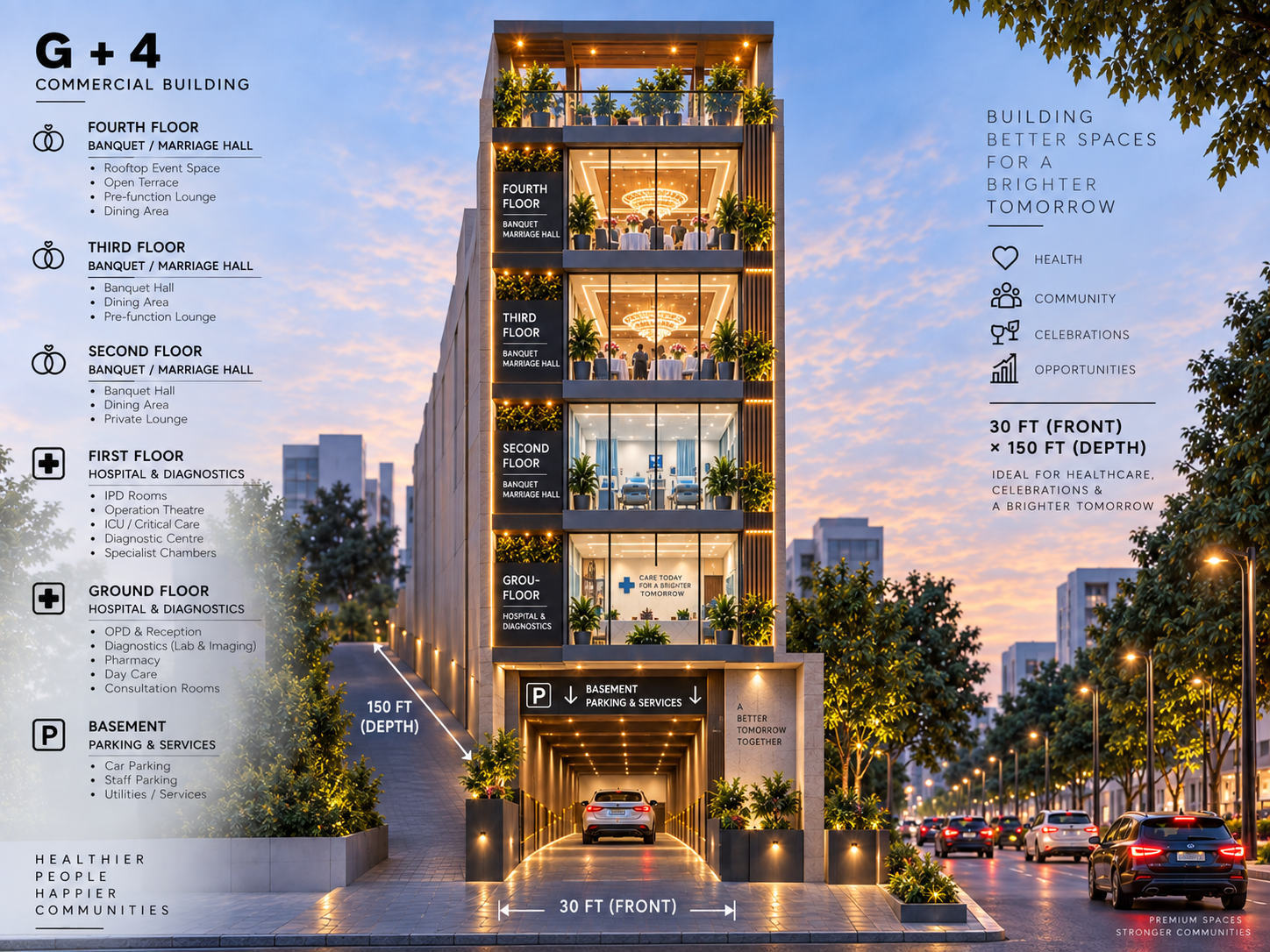 Pupri Hospital Project architectural visualization showing the building exterior and floor layout