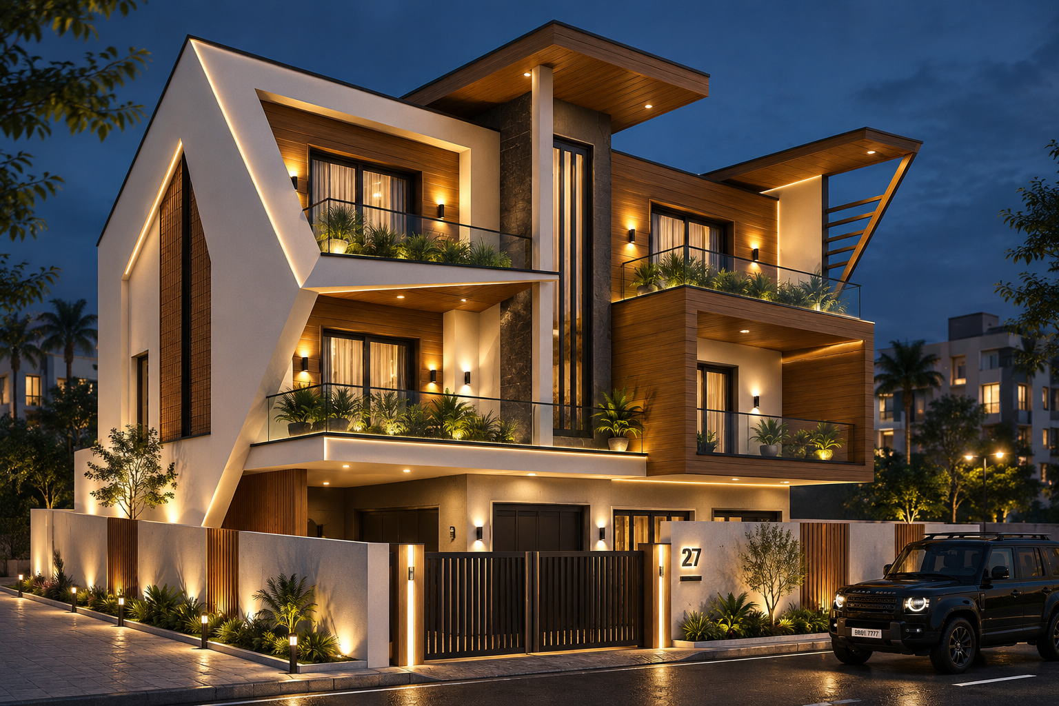 Ratan Singh Residence in Patna–Hajipur, architectural visualization with timber accents and illuminated balconies