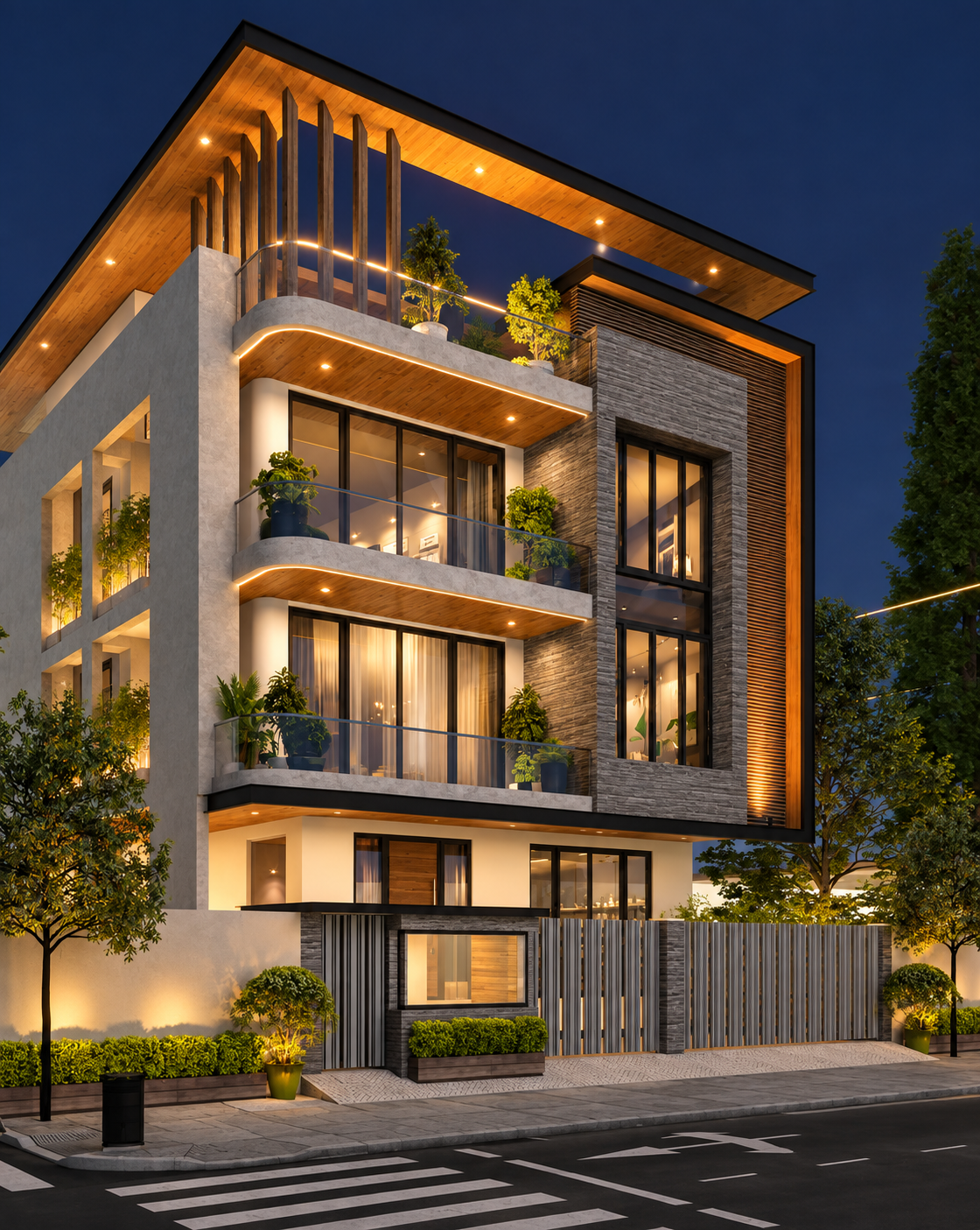 Ravi Kumar Residence in Samastipur, architectural visualization with illuminated balconies, stone facade and rooftop terrace
