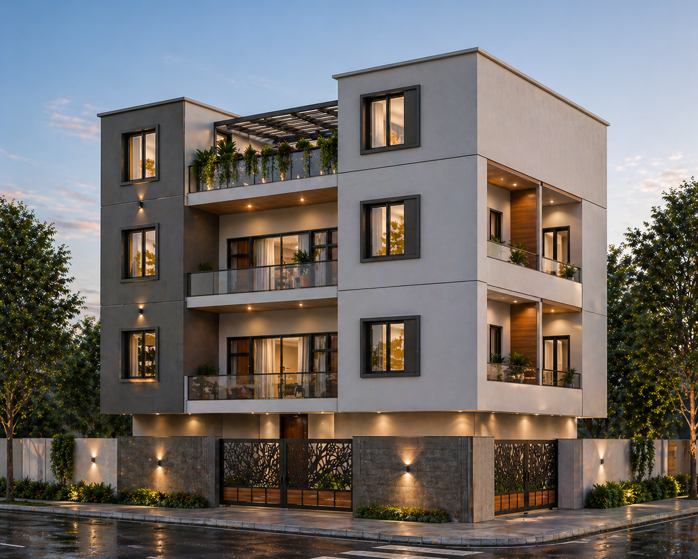 Proposed residential project on Sainik Road, Raxaul, with modern balconies and landscaped frontage
