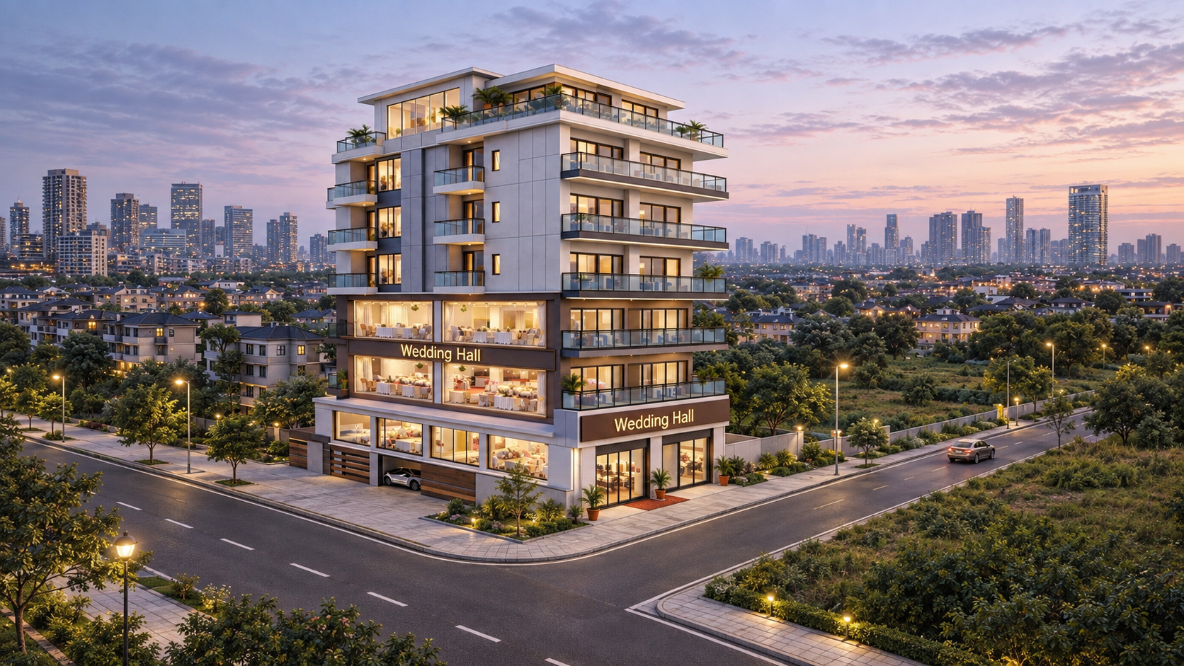 Sampatchak Commercial Project architectural visualization of a multistorey building with wedding halls and balconies